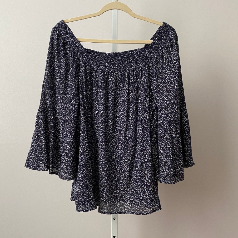 Chaps 100% Cotton Boho Peasant Bell Sleeve Floral‎ Smocked Top XL Navy Blue